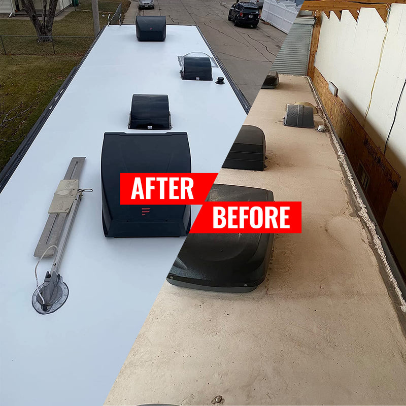 Before and after photo of an RV roof repair